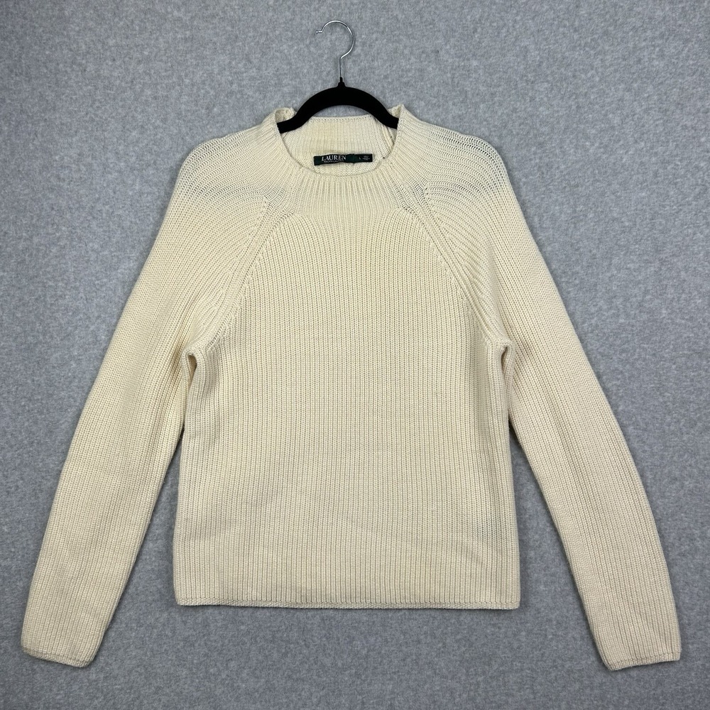 Lauren Ralph Lauren 100% Wool Sweater Womens L Ivory Classic Chic EUC